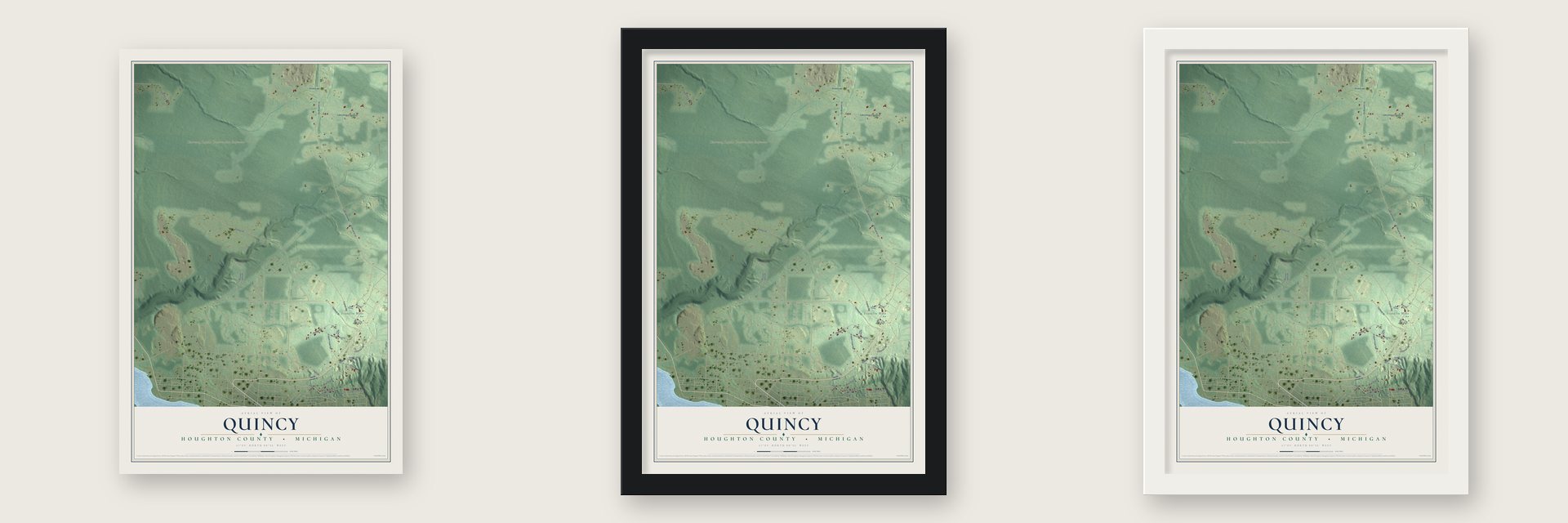 Quincy, Houghton County, Michigan map unframed, in a black wood frame and in a white wood frame