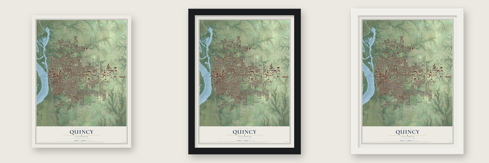 Quincy, Illinois map unframed, in a black wood frame and in a white wood frame