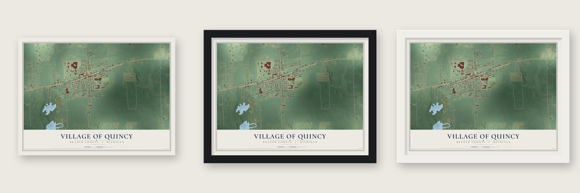 Quincy, Michigan map unframed, in a black wood frame and in a white wood frame