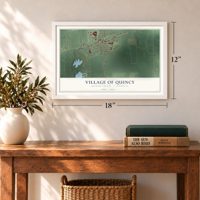 Quincy, Michigan map, 12 x 18 inch print in a white frame in an entryway