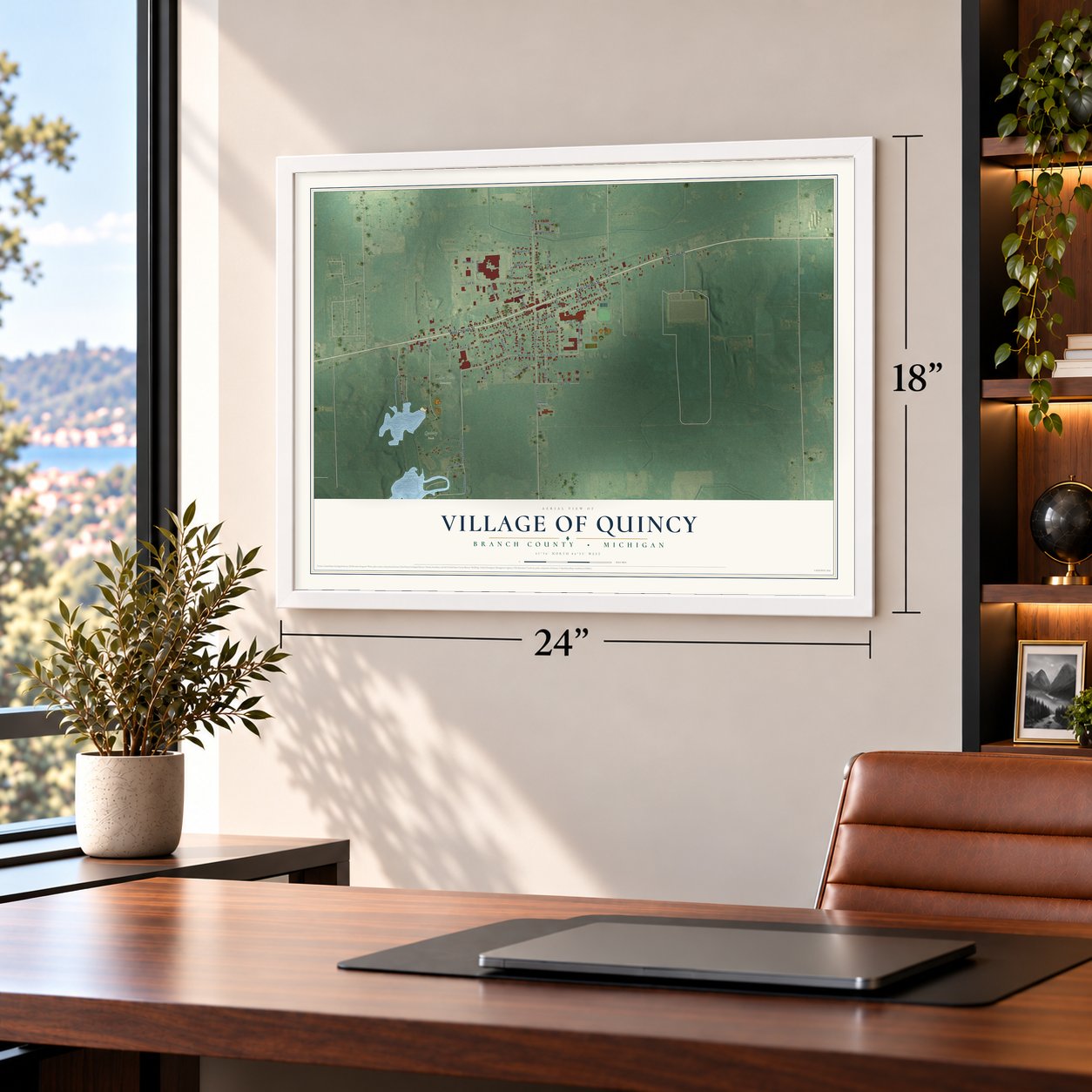 Quincy, Michigan map, 18 x 24 inch print in a white frame in a home office