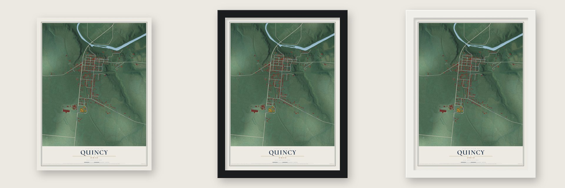 Quincy, Ohio map unframed, in a black wood frame and in a white wood frame