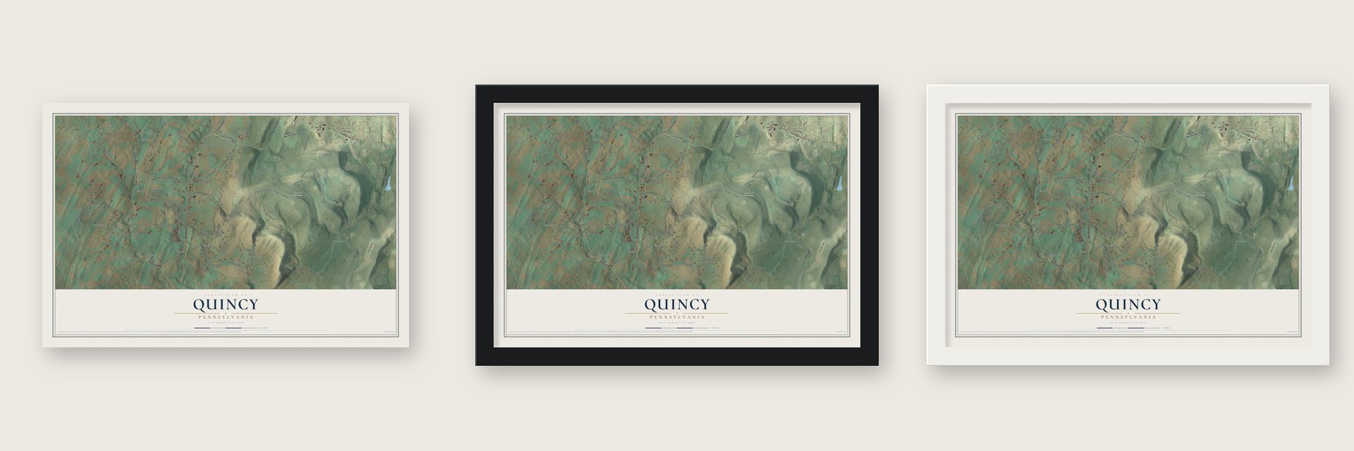 Quincy, Pennsylvania map unframed, in a black wood frame and in a white wood frame