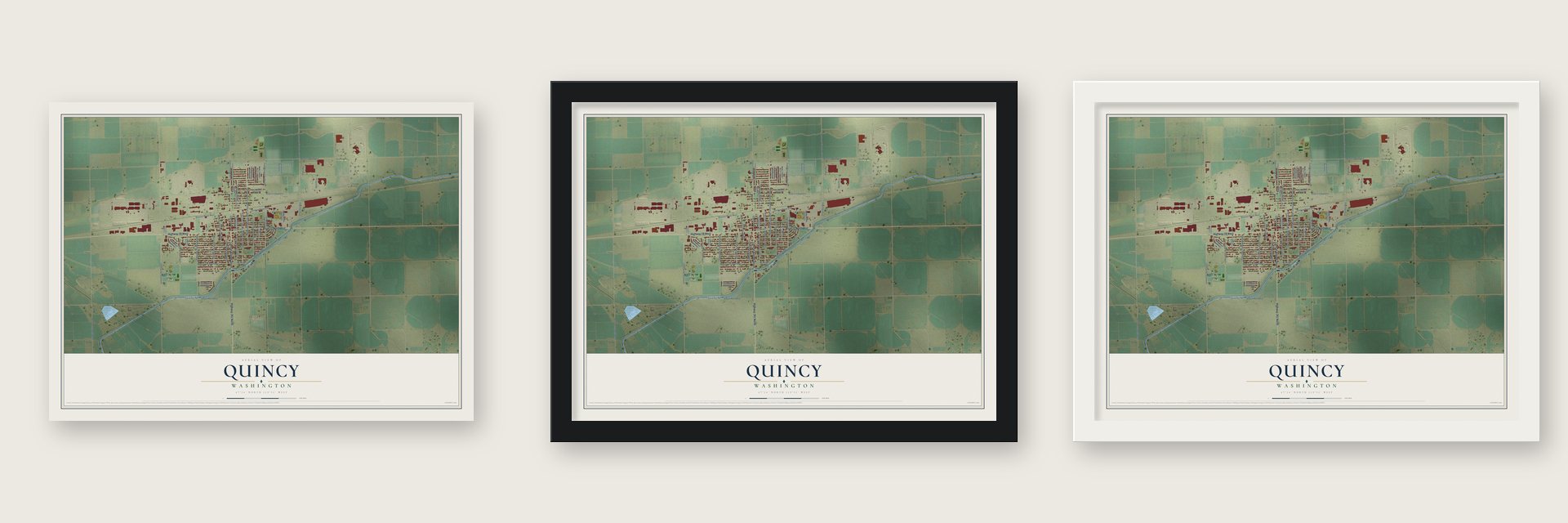 Quincy, Washington map unframed, in a black wood frame and in a white wood frame