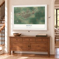 Quincy, Washington map, 24 x 36 inch print in a white frame above a dresser by a staircase