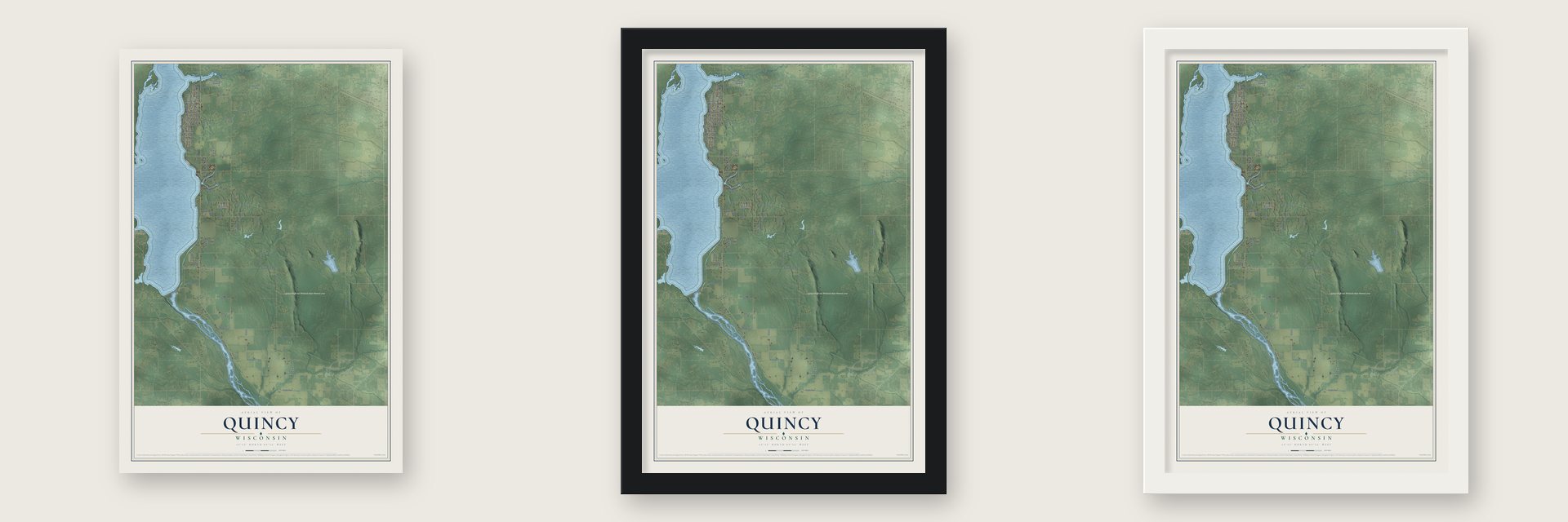Quincy, Wisconsin map unframed, in a black wood frame and in a white wood frame