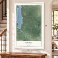 Quincy, Wisconsin map, 24 x 36 inch print in a white frame by a staircase