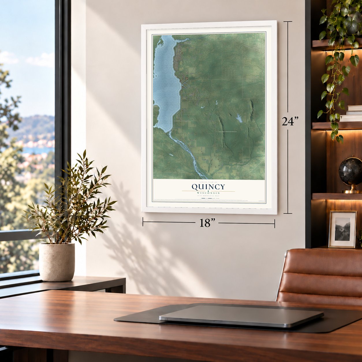 Quincy, Wisconsin map, 18 x 24 inch print in a white frame in a home office