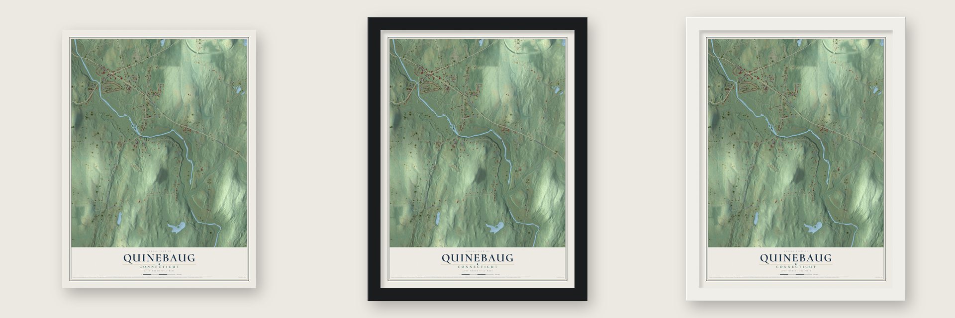 Quinebaug, Connecticut map unframed, in a black wood frame and in a white wood frame