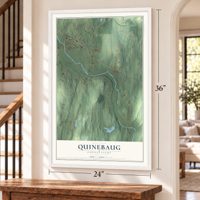 Quinebaug, Connecticut map, 24 x 36 inch print in a white frame by a staircase