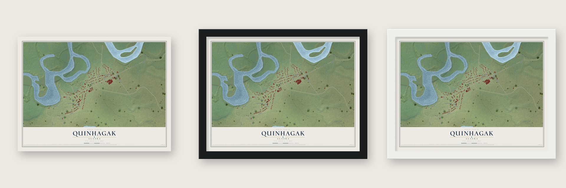 Quinhagak, Alaska map unframed, in a black wood frame and in a white wood frame
