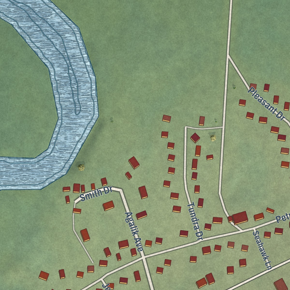 Second close-up of the map of Quinhagak, Alaska print showing more streets and buildings