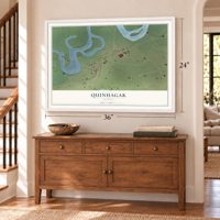 Quinhagak, Alaska map, 24 x 36 inch print in a white frame above a dresser by a staircase
