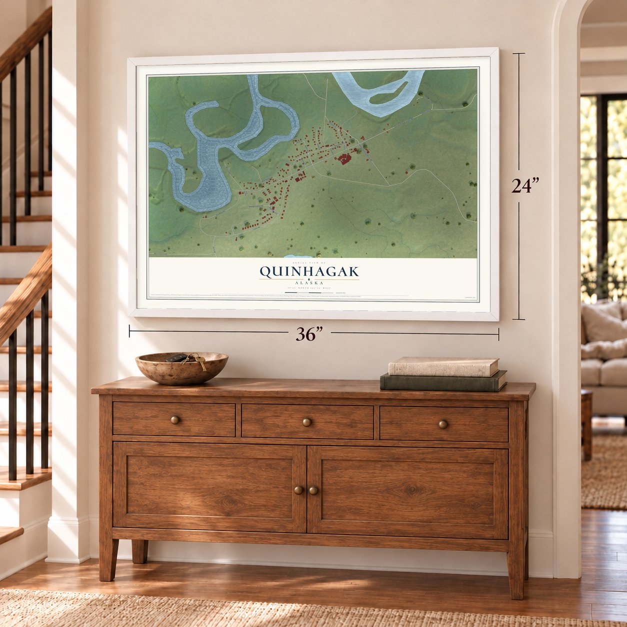 Quinhagak, Alaska map, 24 x 36 inch print in a white frame above a dresser by a staircase