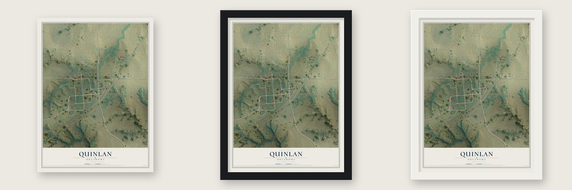 Quinlan, Oklahoma map unframed, in a black wood frame and in a white wood frame
