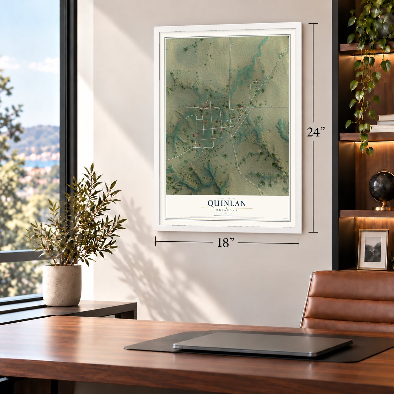Quinlan, Oklahoma map, 18 x 24 inch print in a white frame in a home office