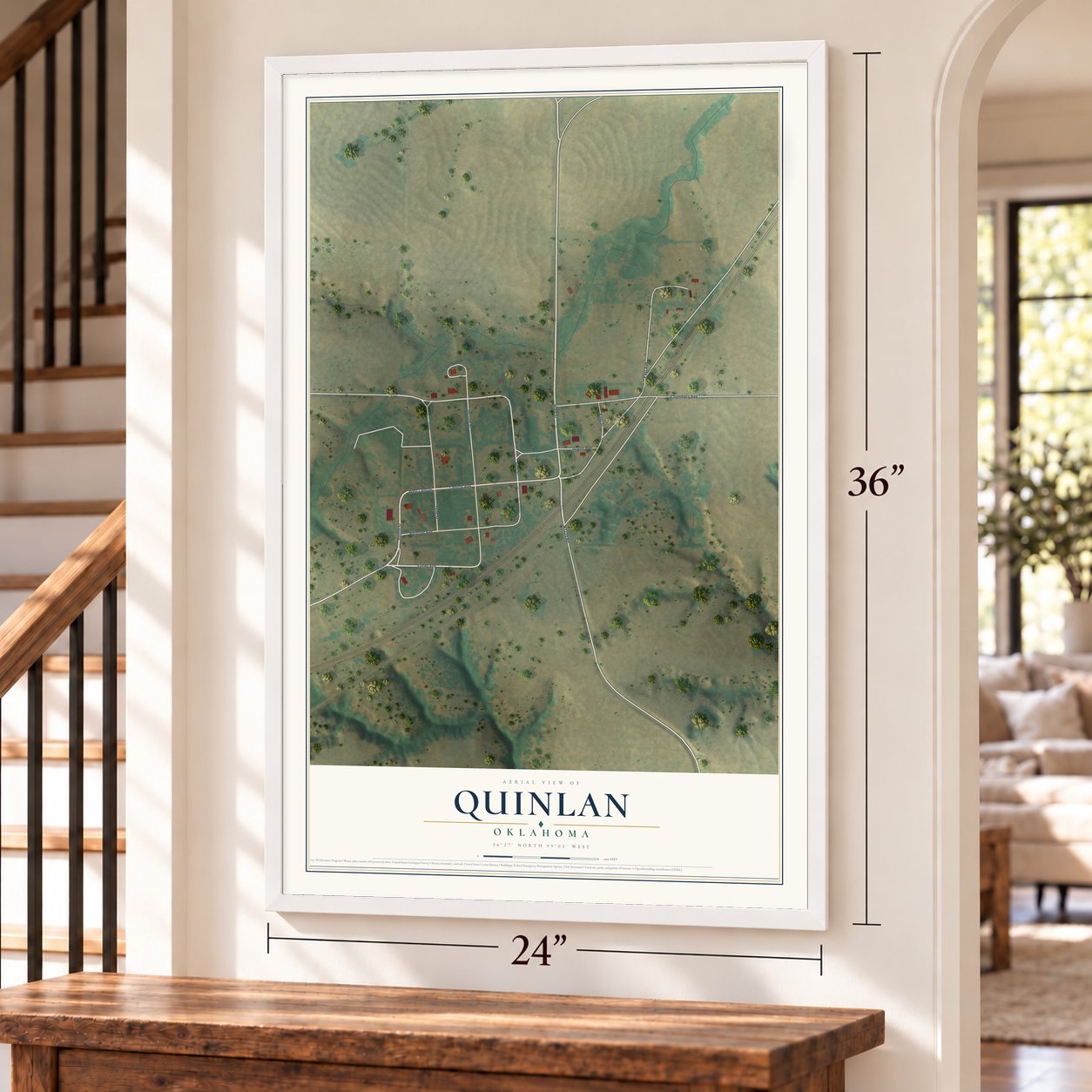 Quinlan, Oklahoma map, 24 x 36 inch print in a white frame by a staircase