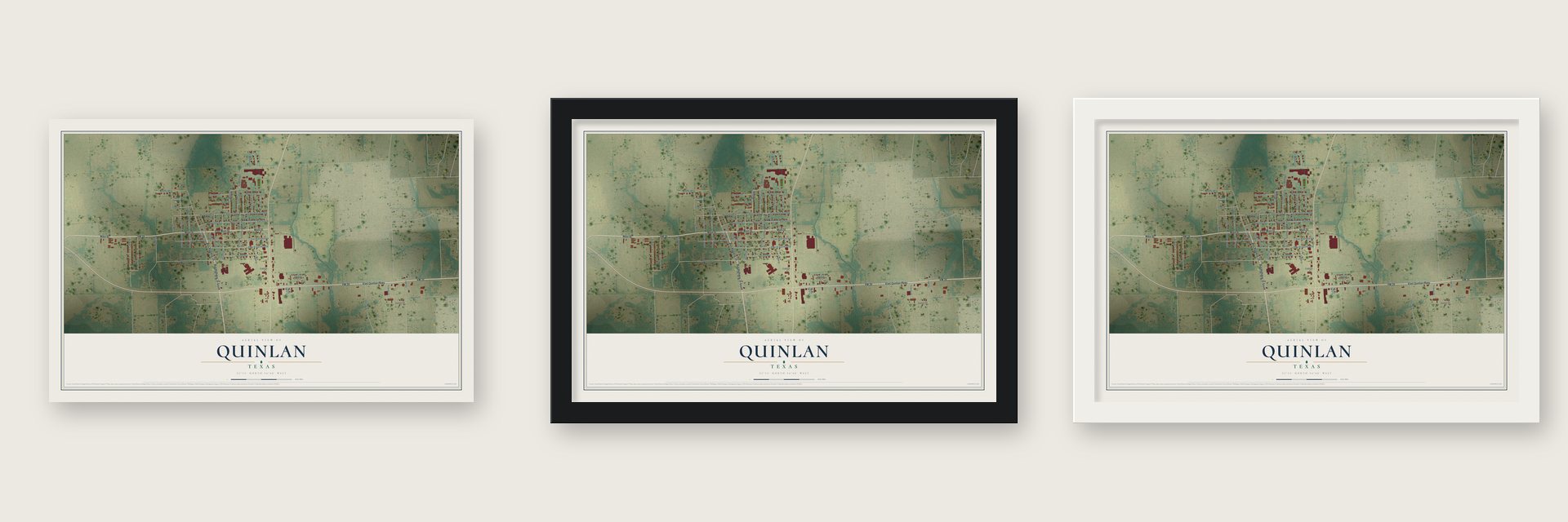 Quinlan, Texas map unframed, in a black wood frame and in a white wood frame