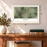 Quinlan, Texas map, 12 x 18 inch print in a white frame in an entryway