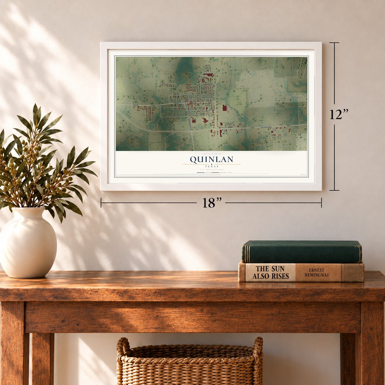 Quinlan, Texas map, 12 x 18 inch print in a white frame in an entryway
