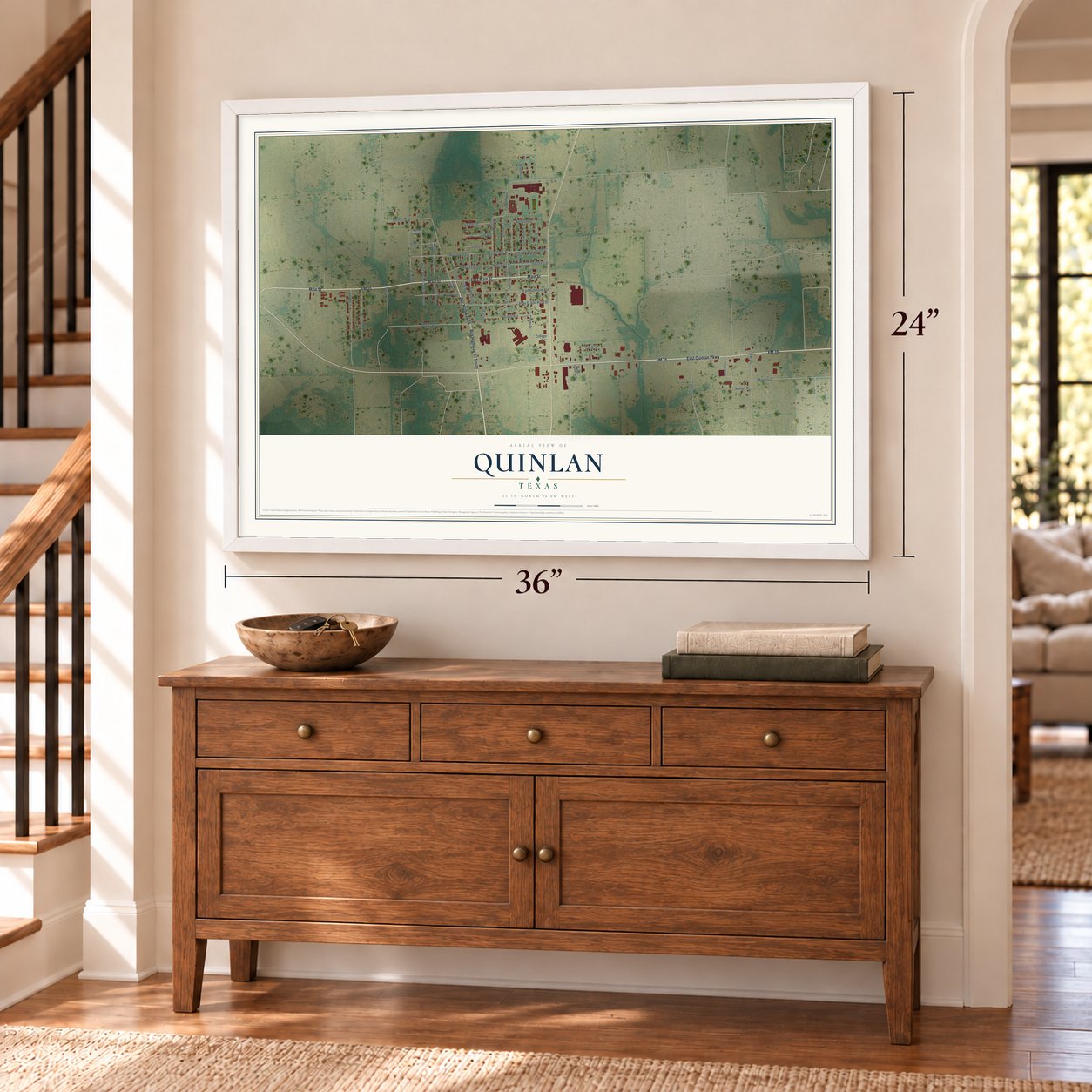 Quinlan, Texas map, 24 x 36 inch print in a white frame above a dresser by a staircase