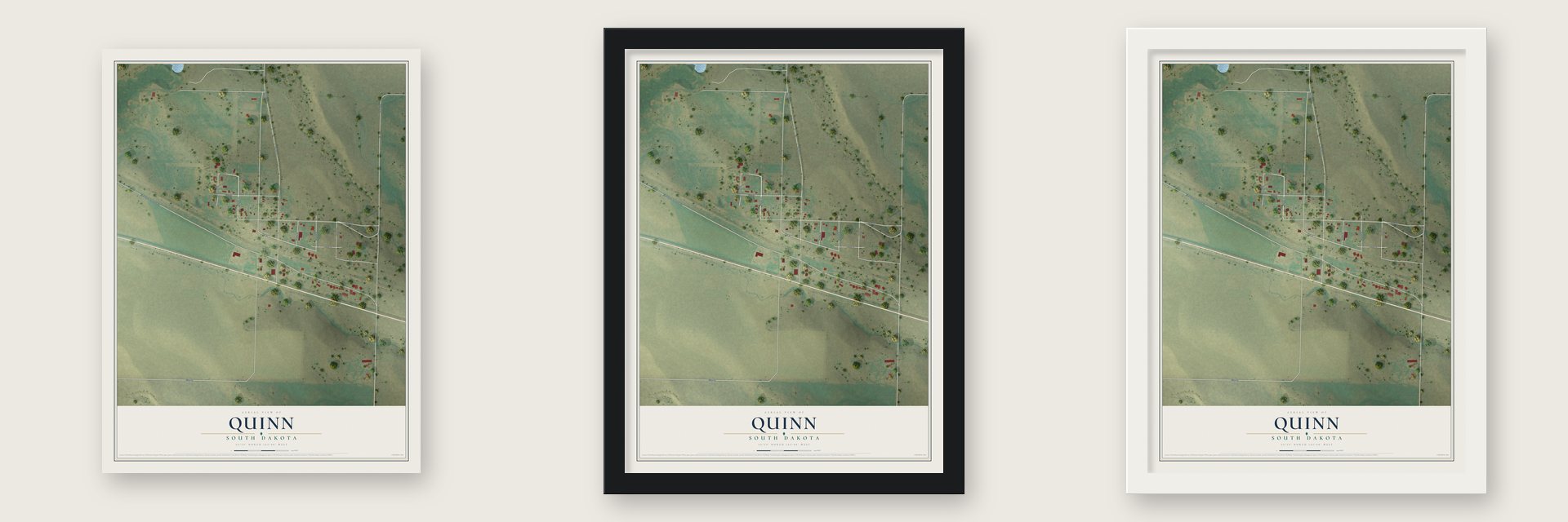 Quinn, South Dakota map unframed, in a black wood frame and in a white wood frame