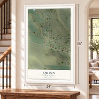Quinn, South Dakota map, 24 x 36 inch print in a white frame by a staircase