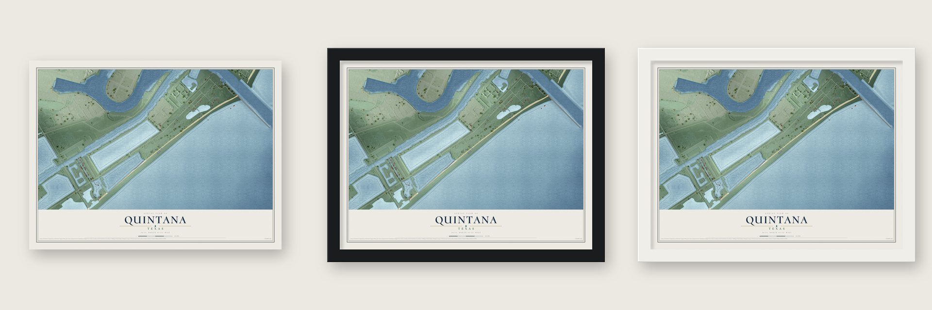Quintana, Texas map unframed, in a black wood frame and in a white wood frame