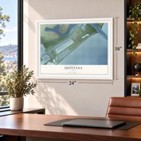 Quintana, Texas map, 18 x 24 inch print in a white frame in a home office
