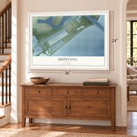 Quintana, Texas map, 24 x 36 inch print in a white frame above a dresser by a staircase