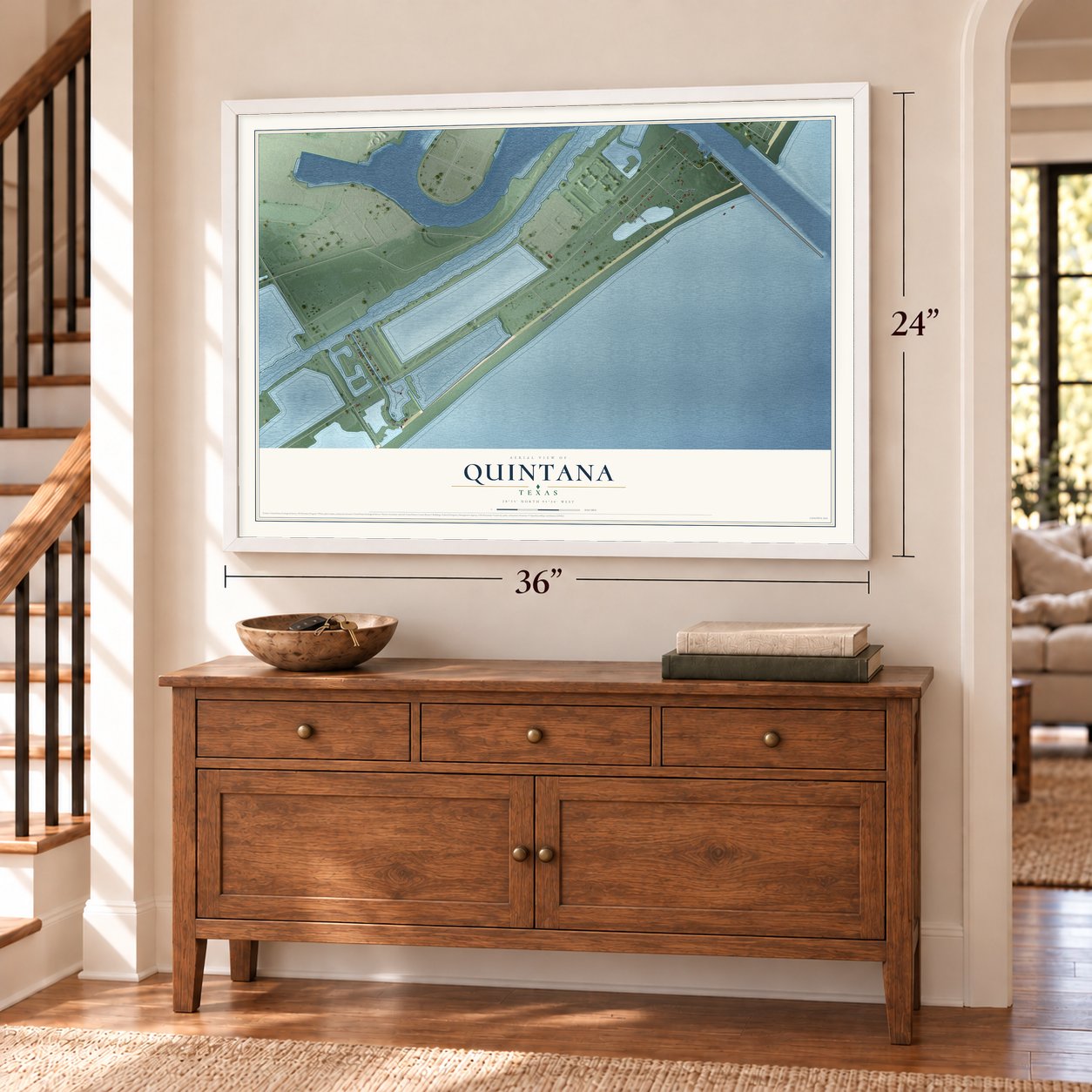 Quintana, Texas map, 24 x 36 inch print in a white frame above a dresser by a staircase
