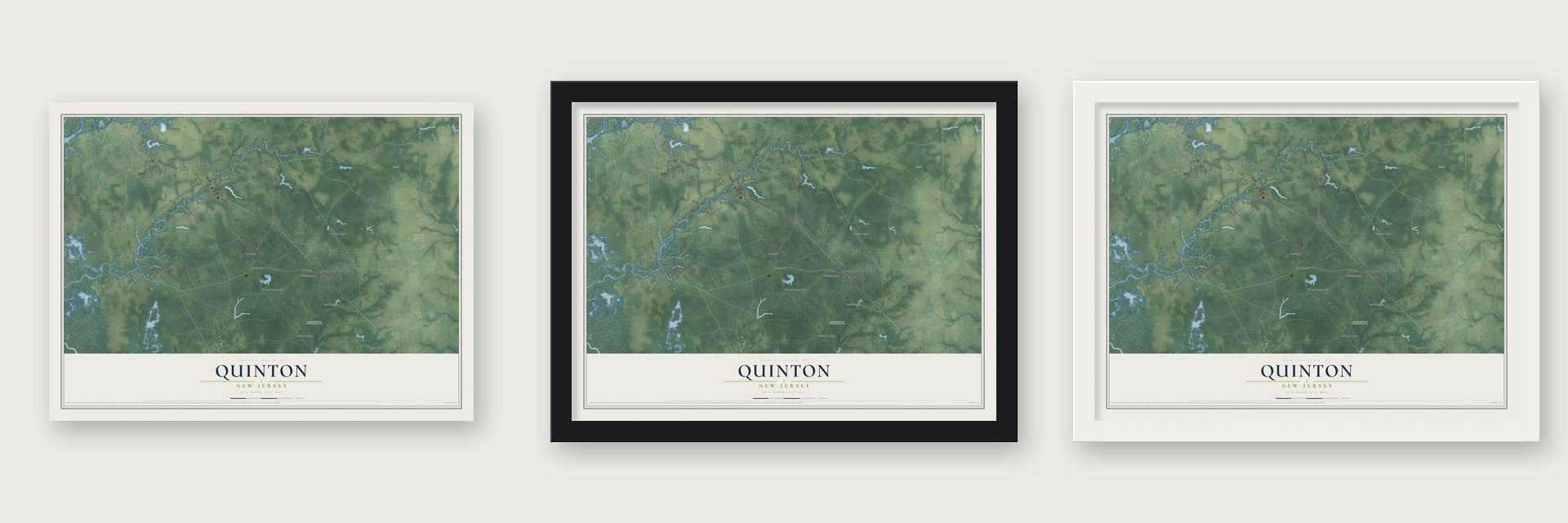Quinton, New Jersey map unframed, in a black wood frame and in a white wood frame
