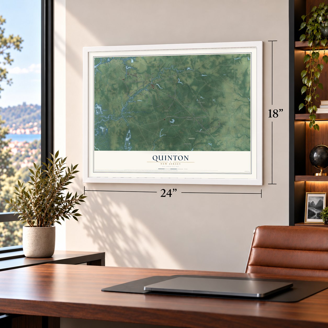 Quinton, New Jersey map, 18 x 24 inch print in a white frame in a home office