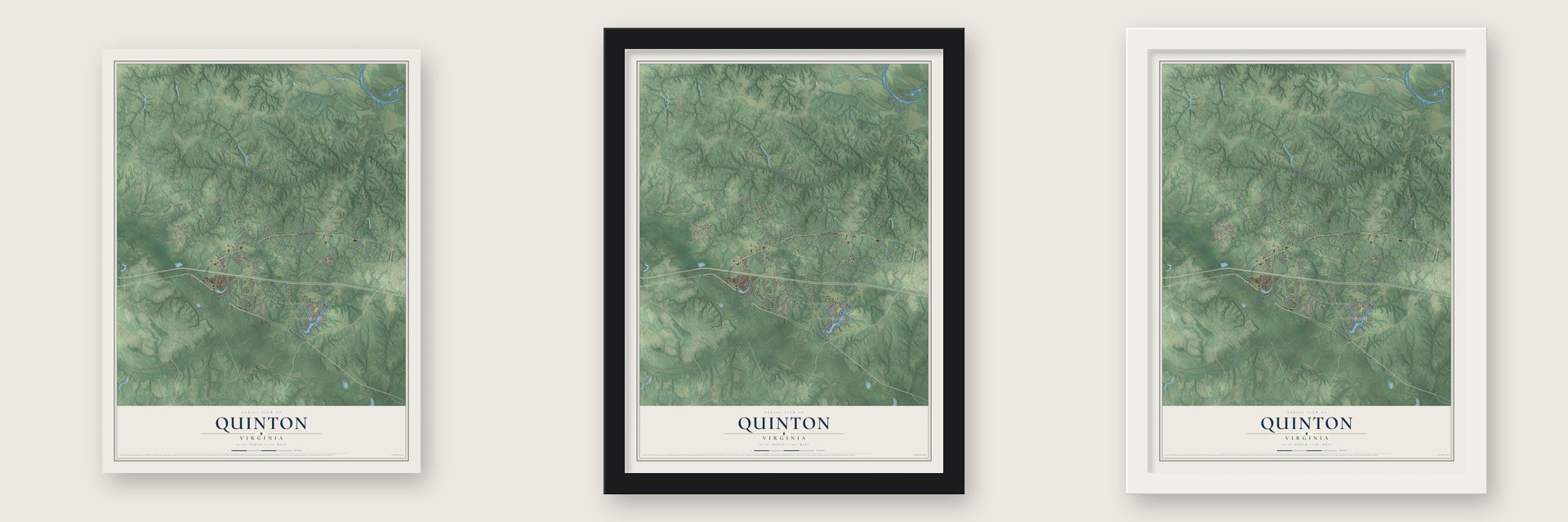 Quinton, Virginia map unframed, in a black wood frame and in a white wood frame