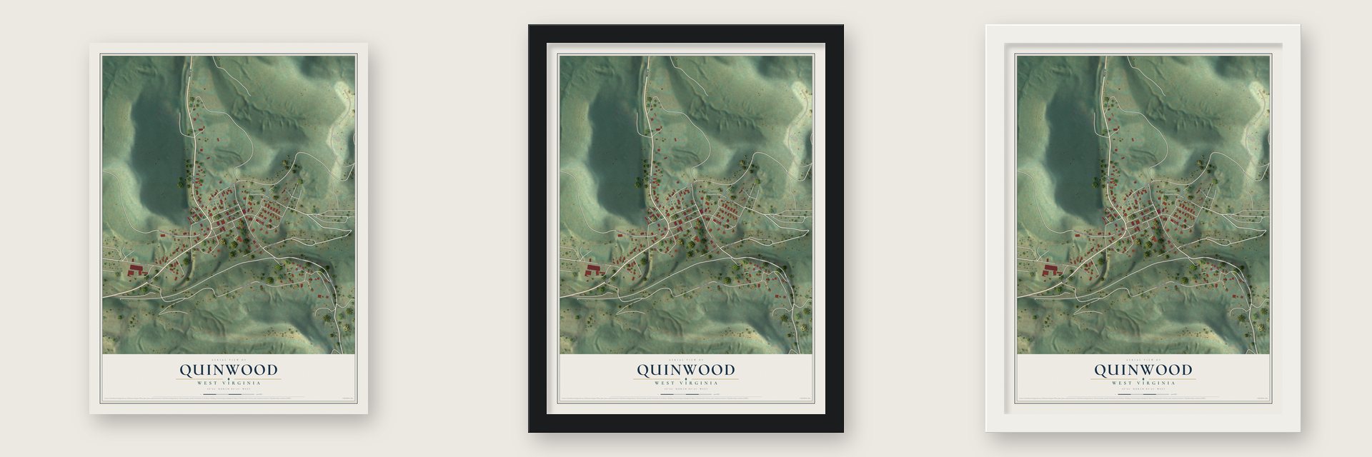 Quinwood, West Virginia map unframed, in a black wood frame and in a white wood frame