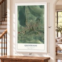 Quinwood, West Virginia map, 24 x 36 inch print in a white frame by a staircase