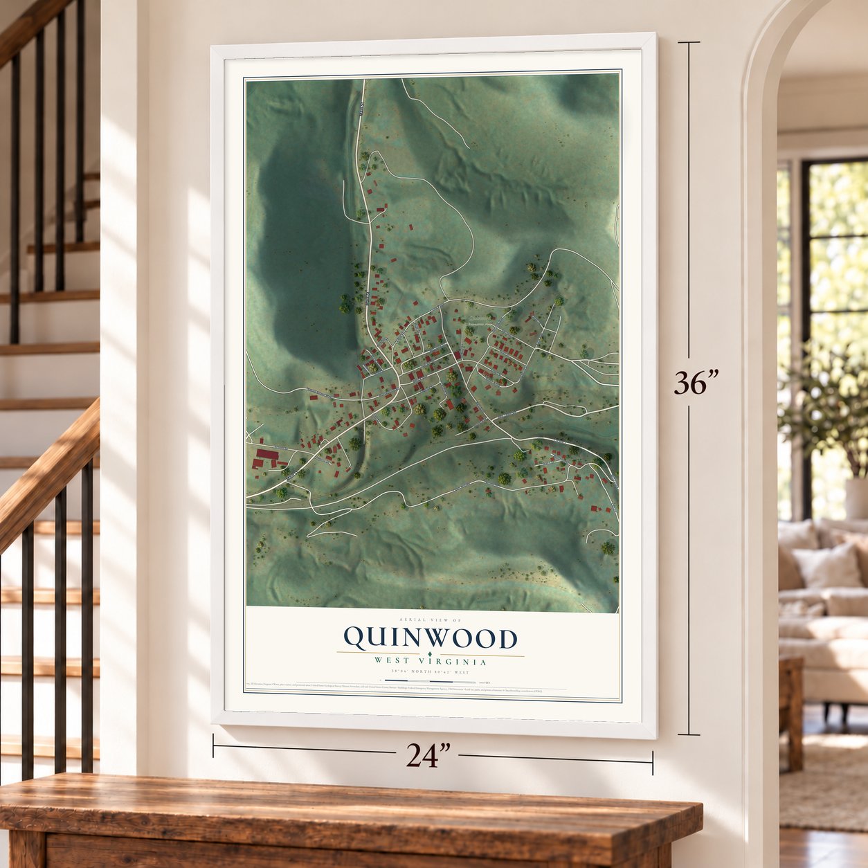 Quinwood, West Virginia map, 24 x 36 inch print in a white frame by a staircase