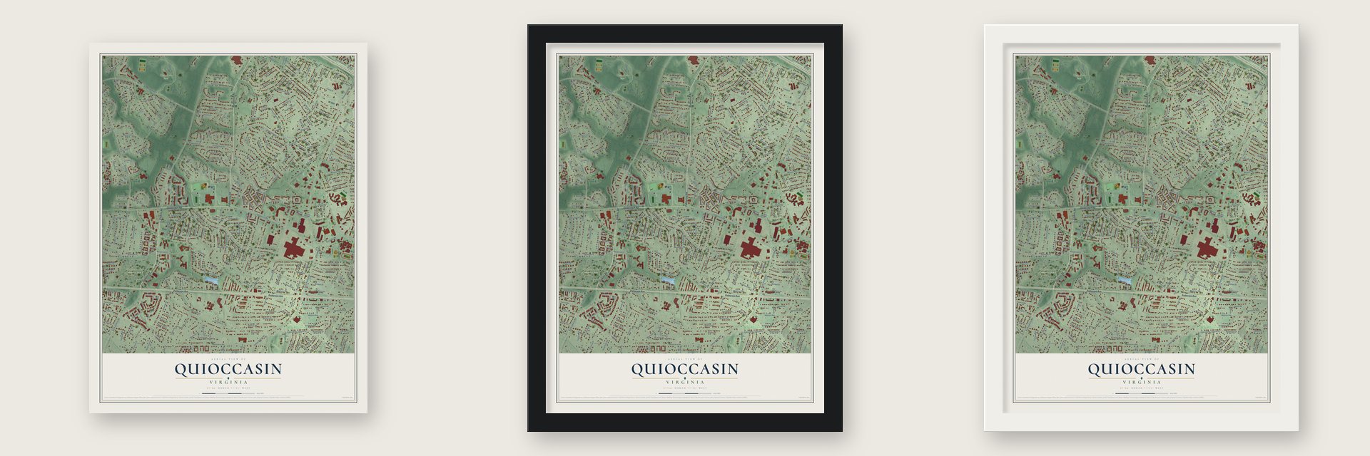 Quioccasin, Virginia map unframed, in a black wood frame and in a white wood frame