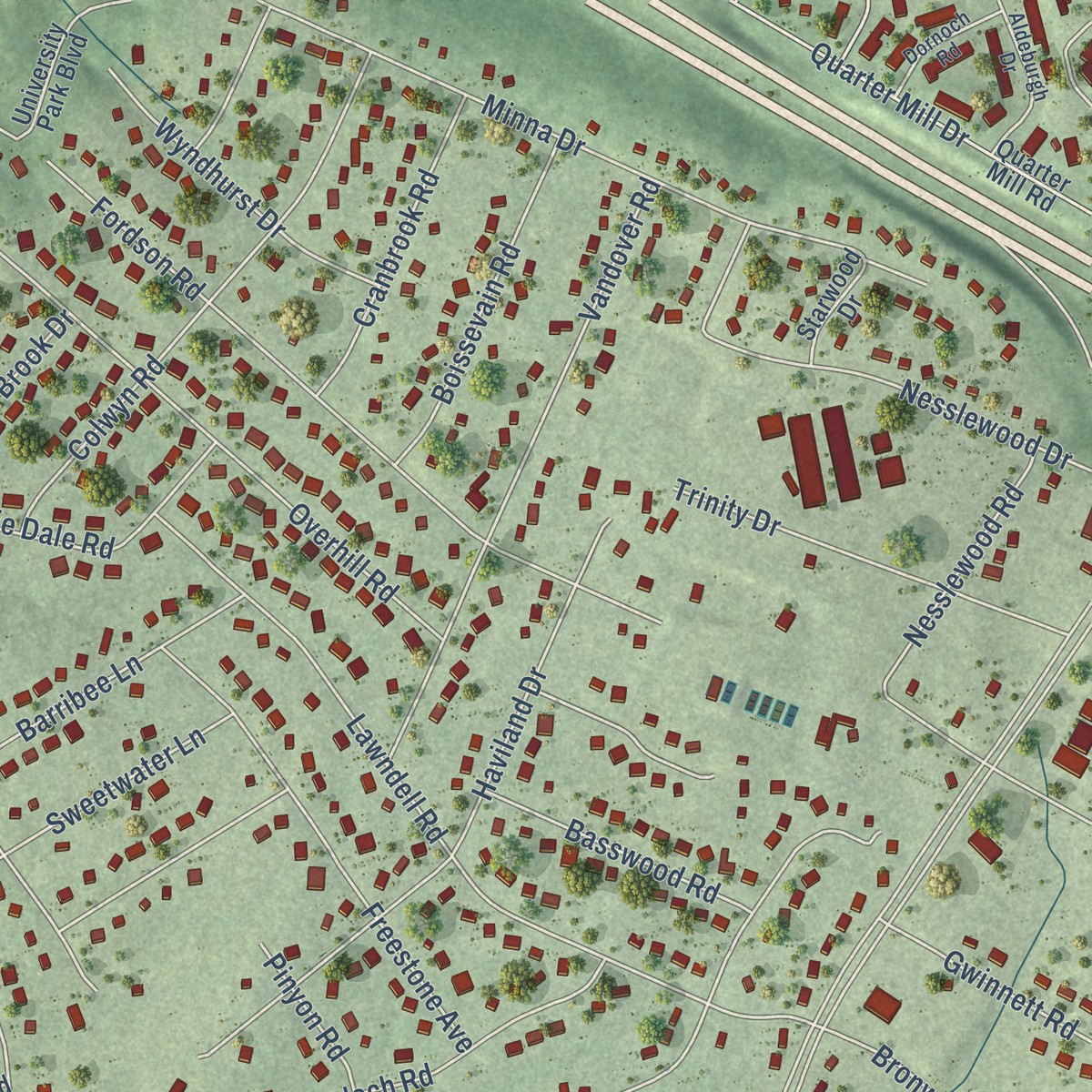 Second close-up of the map of Quioccasin, Virginia print showing more streets and buildings