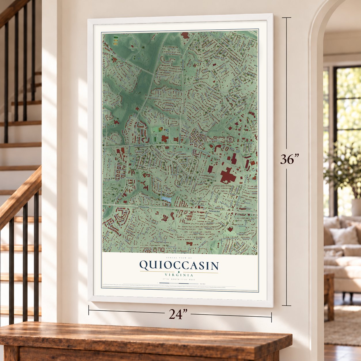 Quioccasin, Virginia map, 24 x 36 inch print in a white frame by a staircase