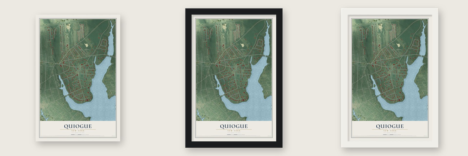 Quiogue, New York map unframed, in a black wood frame and in a white wood frame