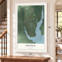 Quiogue, New York map, 24 x 36 inch print in a white frame by a staircase