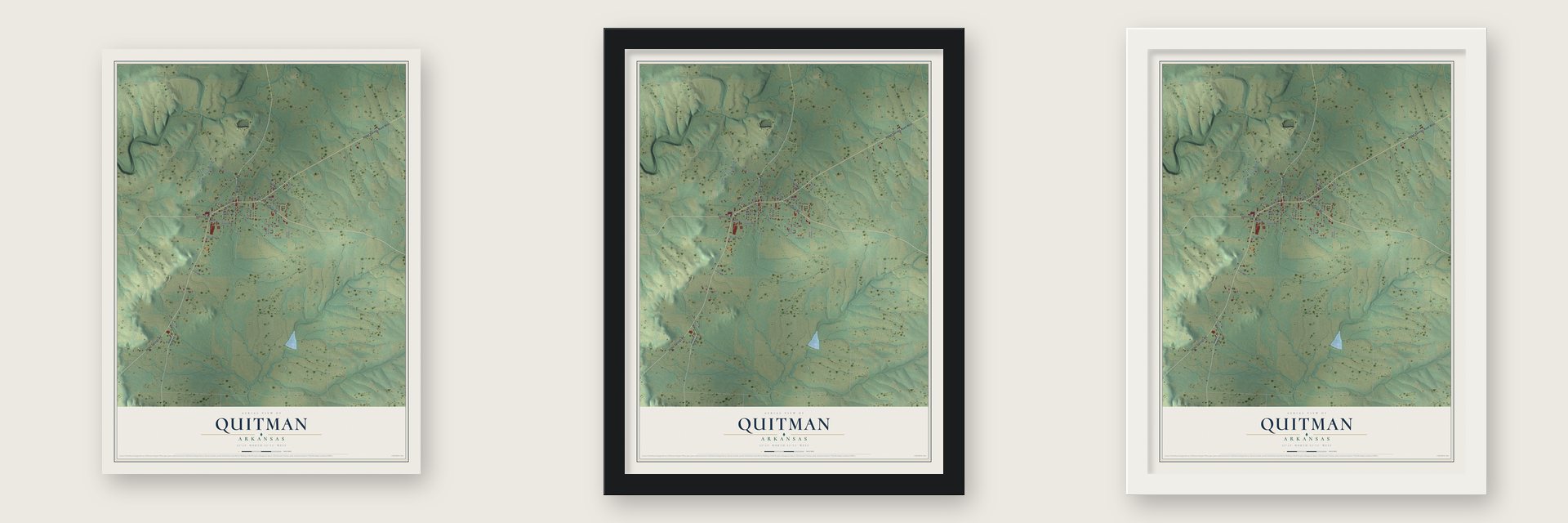 Quitman, Arkansas map unframed, in a black wood frame and in a white wood frame
