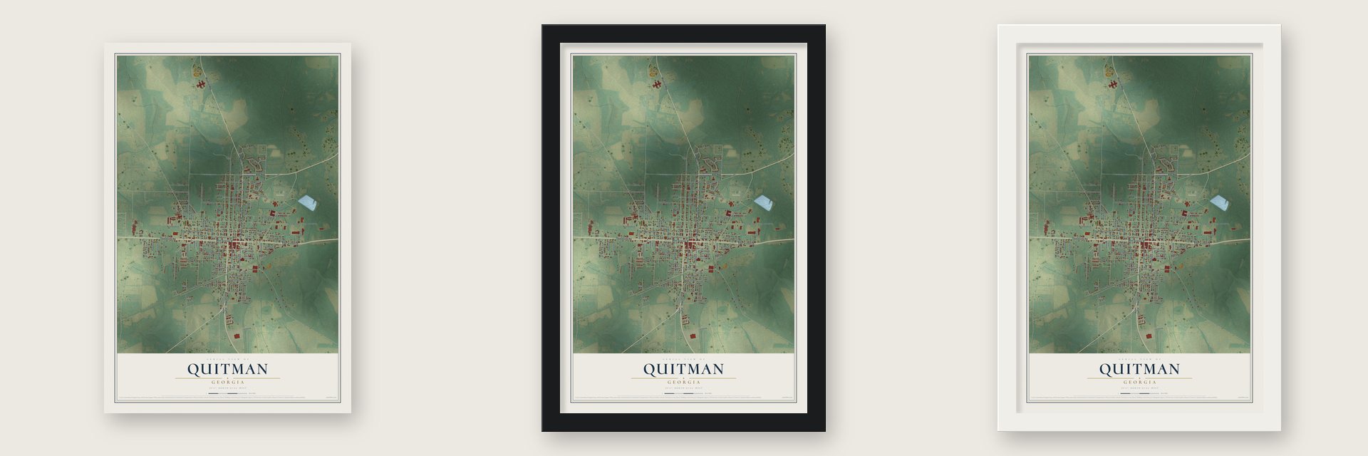 Quitman, Georgia map unframed, in a black wood frame and in a white wood frame