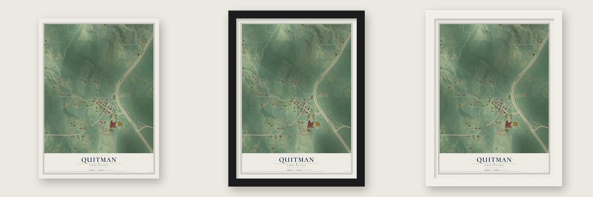 Quitman, Louisiana map unframed, in a black wood frame and in a white wood frame