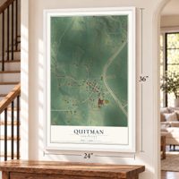 Quitman, Louisiana map, 24 x 36 inch print in a white frame by a staircase