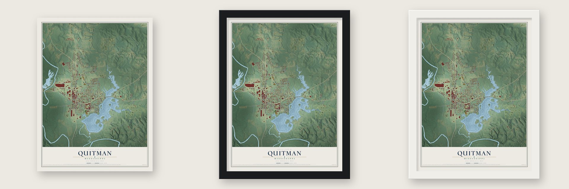 Quitman, Mississippi map unframed, in a black wood frame and in a white wood frame