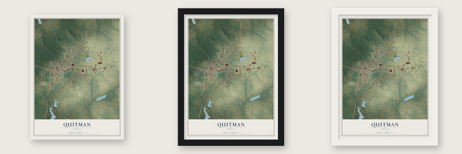 Quitman, Texas map unframed, in a black wood frame and in a white wood frame