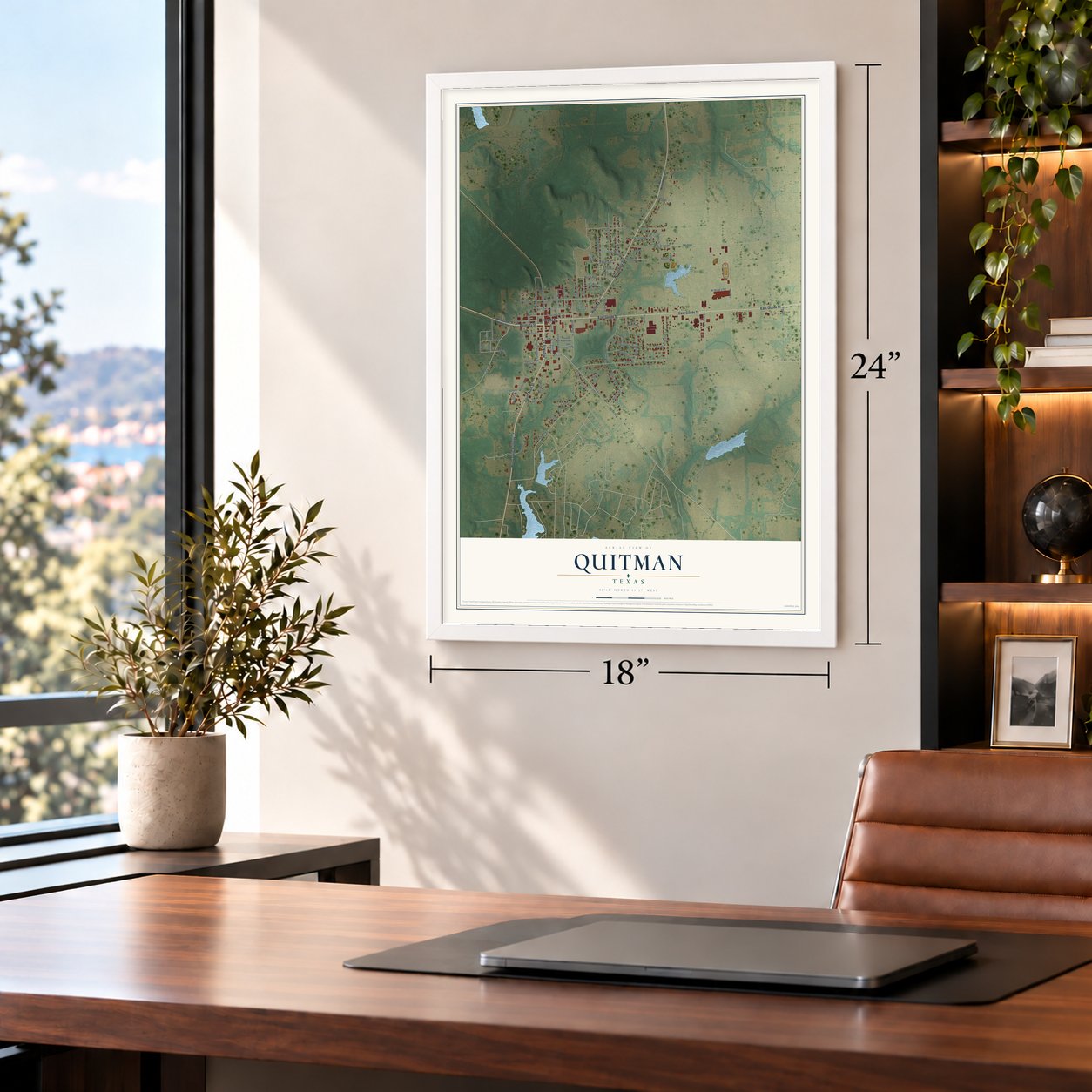 Quitman, Texas map, 18 x 24 inch print in a white frame in a home office