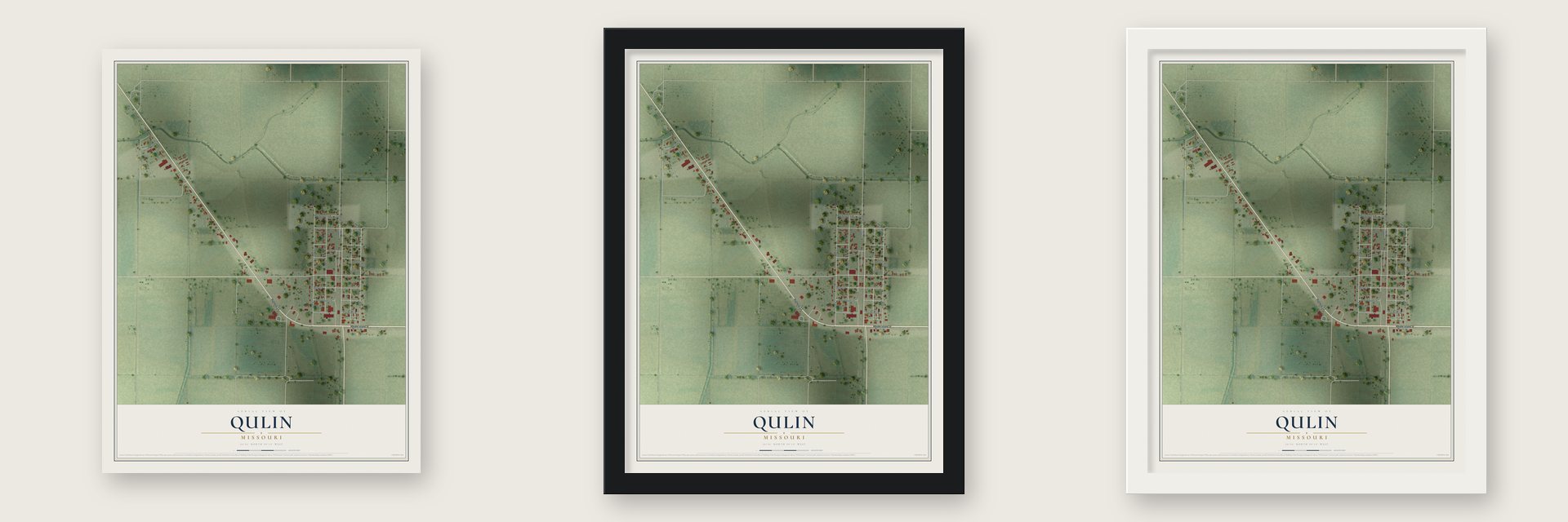 Qulin, Missouri map unframed, in a black wood frame and in a white wood frame